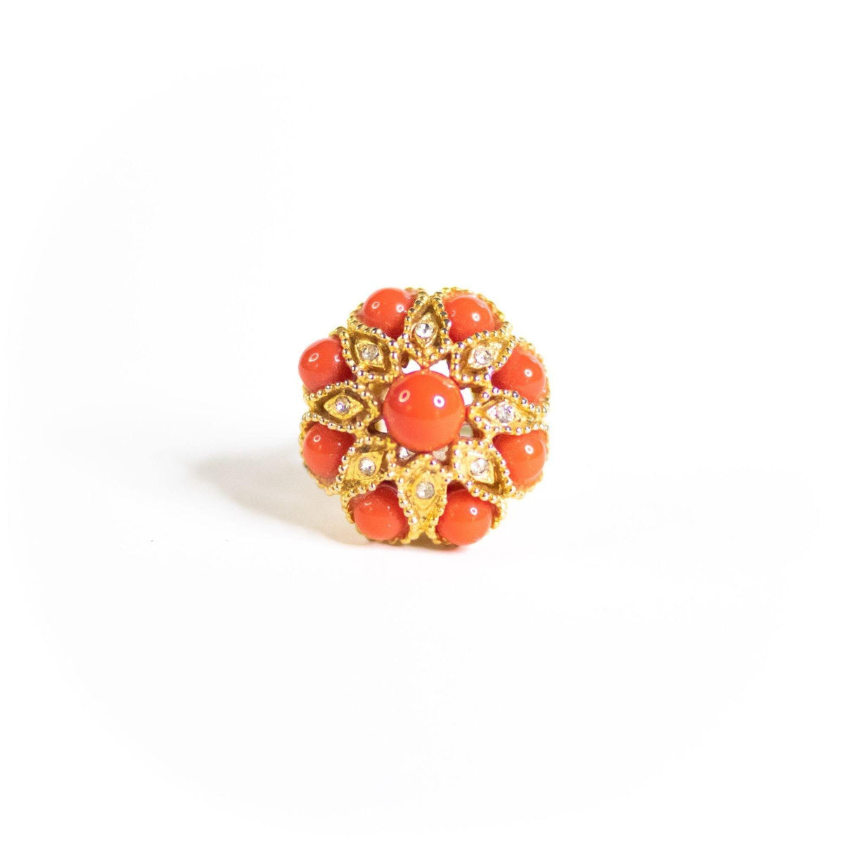 Vintage Coral Cabochon and Diamante Rhinestone Statement Ring