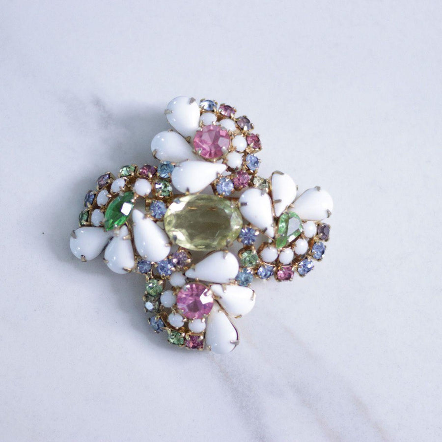 Vintage Milk Glass, Pink, Blue, Yellow, and Green Rhinestone Brooch by Unsigned Beauty - Vintage Meet Modern Vintage Jewelry - Chicago, Illinois - #oldhollywoodglamour #vintagemeetmodern #designervintage #jewelrybox #antiquejewelry #vintagejewelry