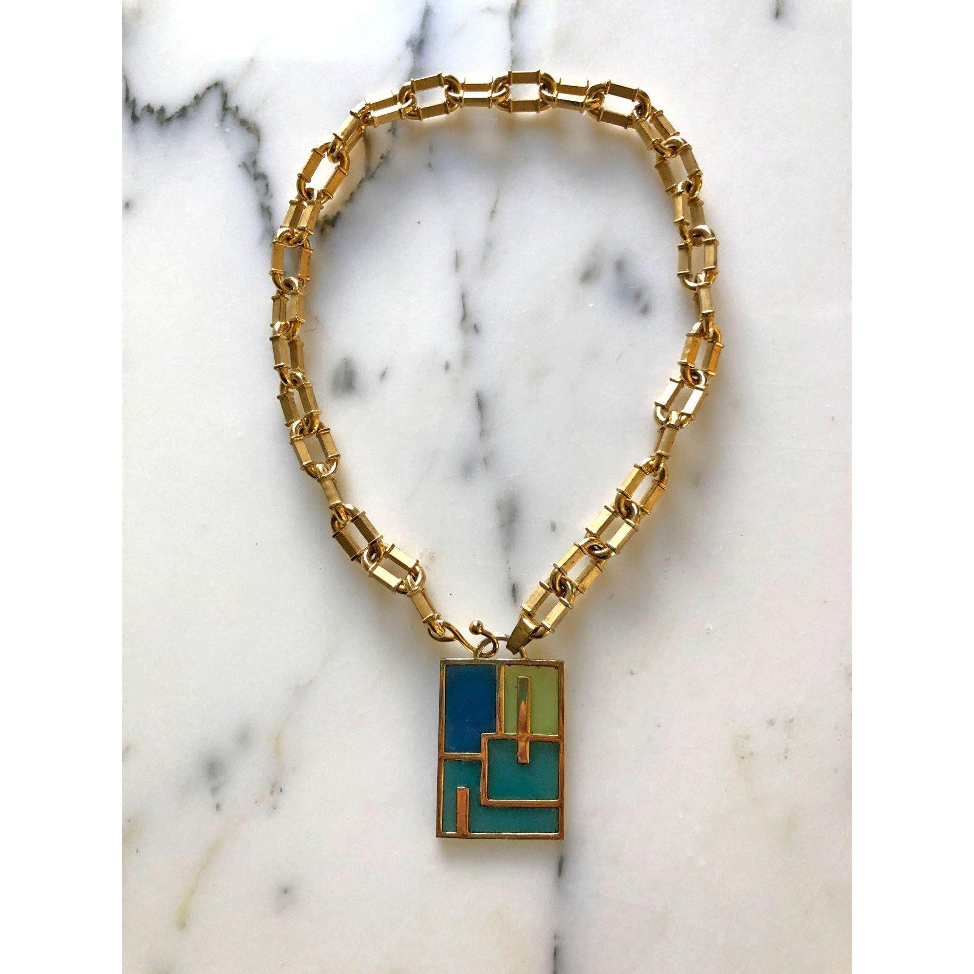 Vintage Geometric Blue Green Glass Pendant Necklace by Unsigned Beauty - Vintage Meet Modern Vintage Jewelry - Chicago, Illinois - #oldhollywoodglamour #vintagemeetmodern #designervintage #jewelrybox #antiquejewelry #vintagejewelry