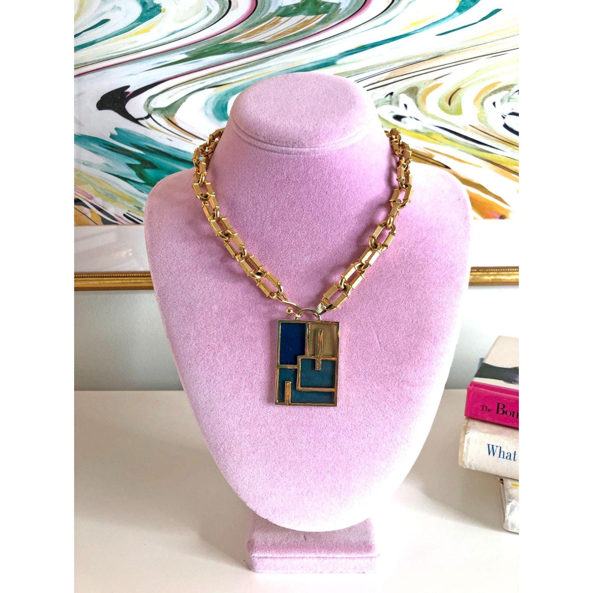 Vintage Geometric Blue Green Glass Pendant Necklace by Unsigned Beauty - Vintage Meet Modern Vintage Jewelry - Chicago, Illinois - #oldhollywoodglamour #vintagemeetmodern #designervintage #jewelrybox #antiquejewelry #vintagejewelry