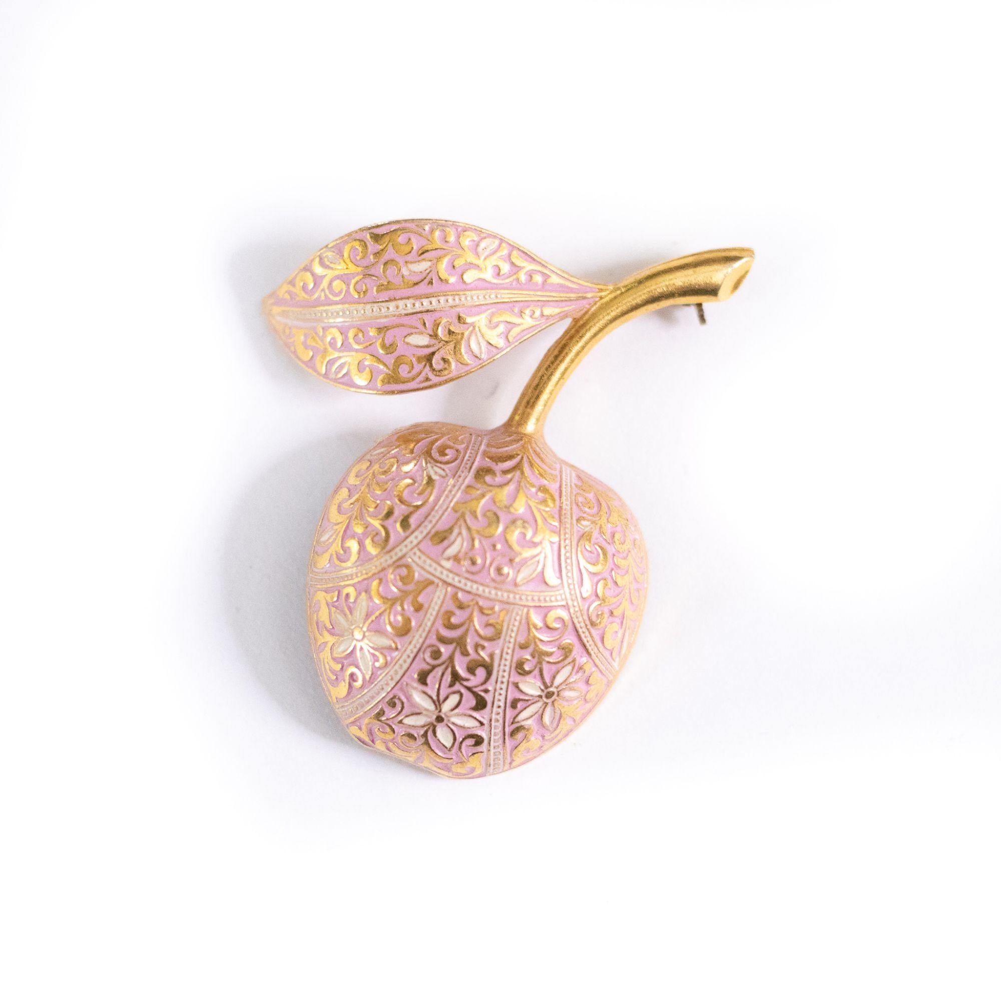 Vintage Pink Damascene Apple Brooch by Made in Spain - Vintage Meet Modern Vintage Jewelry - Chicago, Illinois - #oldhollywoodglamour #vintagemeetmodern #designervintage #jewelrybox #antiquejewelry #vintagejewelry