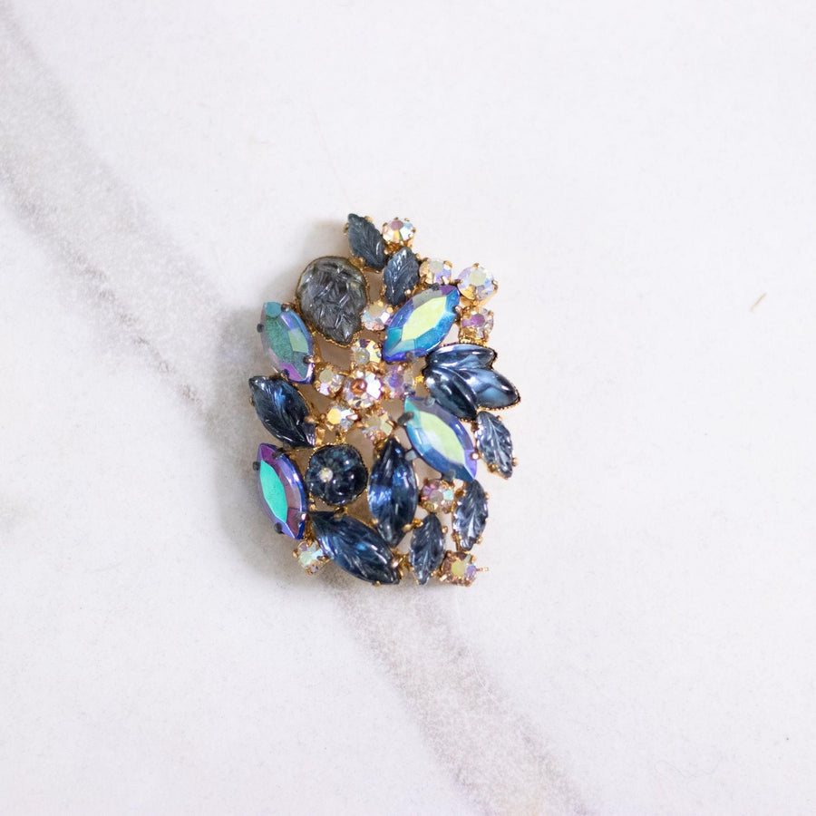 Vintage Blue and Aurora Borealis Rhinestone Brooch by Unsigned Beauty - Vintage Meet Modern Vintage Jewelry - Chicago, Illinois - #oldhollywoodglamour #vintagemeetmodern #designervintage #jewelrybox #antiquejewelry #vintagejewelry