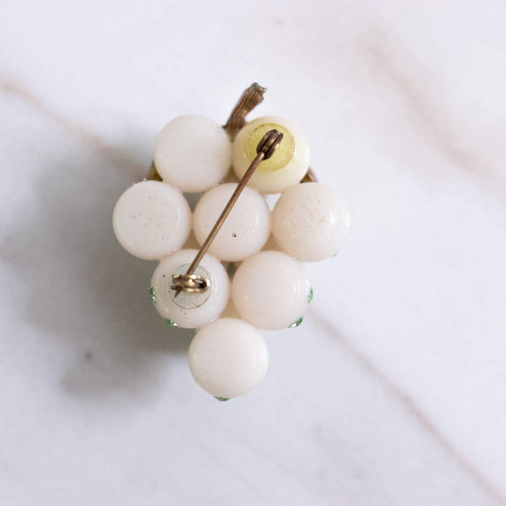Vintage White Grape Brooch with Green Rhinestones by Unsigned Beauty - Vintage Meet Modern Vintage Jewelry - Chicago, Illinois - #oldhollywoodglamour #vintagemeetmodern #designervintage #jewelrybox #antiquejewelry #vintagejewelry