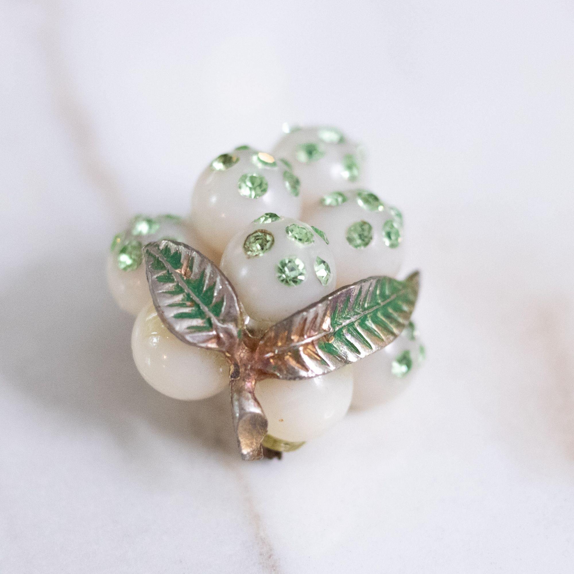 Vintage White Grape Brooch with Green Rhinestones by Unsigned Beauty - Vintage Meet Modern Vintage Jewelry - Chicago, Illinois - #oldhollywoodglamour #vintagemeetmodern #designervintage #jewelrybox #antiquejewelry #vintagejewelry
