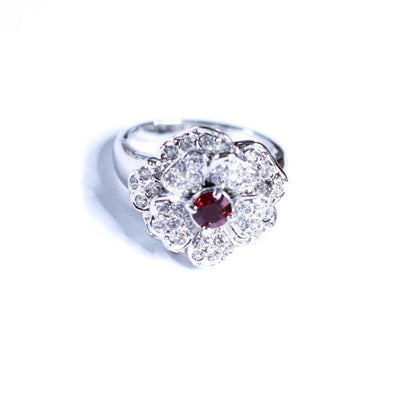 Vintage Ruby Crystal and Cubic Zirconia Flower Ring by Unsigned Beauty - Vintage Meet Modern Vintage Jewelry - Chicago, Illinois - #oldhollywoodglamour #vintagemeetmodern #designervintage #jewelrybox #antiquejewelry #vintagejewelry