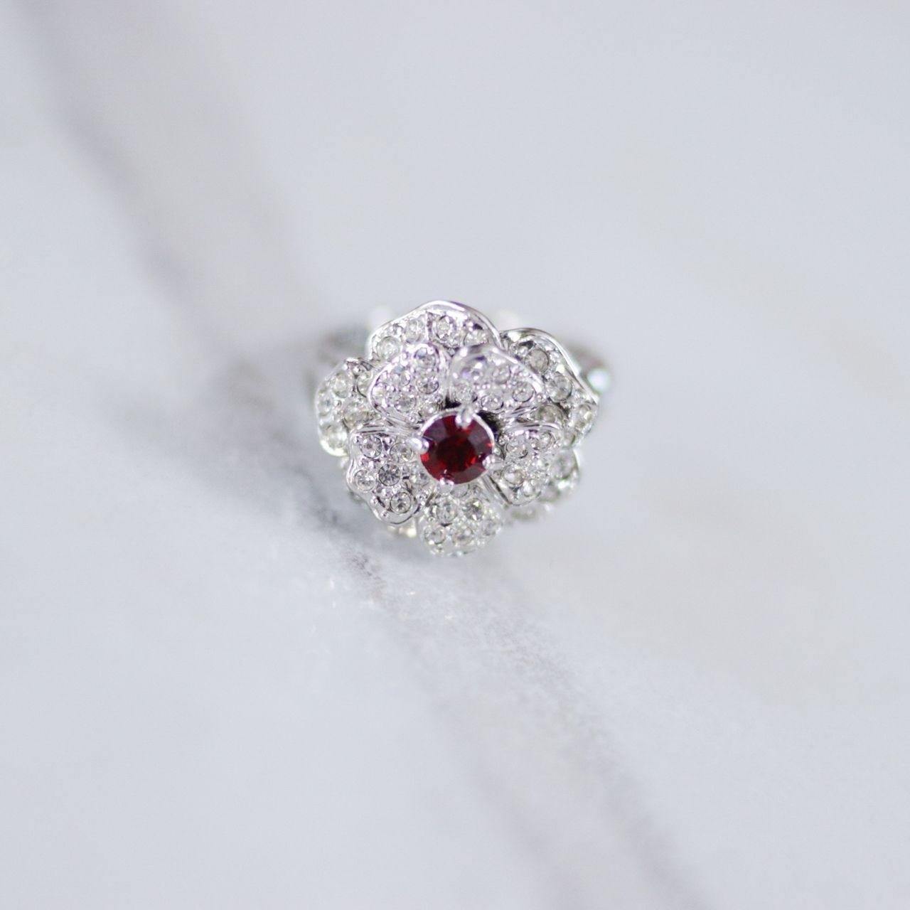Vintage Ruby Crystal and Cubic Zirconia Flower Ring by Unsigned Beauty - Vintage Meet Modern Vintage Jewelry - Chicago, Illinois - #oldhollywoodglamour #vintagemeetmodern #designervintage #jewelrybox #antiquejewelry #vintagejewelry