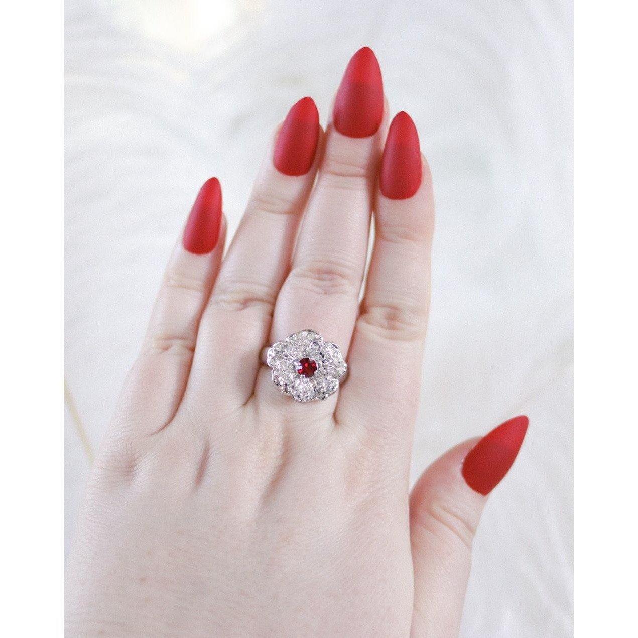 Vintage Ruby Crystal and Cubic Zirconia Flower Ring by Unsigned Beauty - Vintage Meet Modern Vintage Jewelry - Chicago, Illinois - #oldhollywoodglamour #vintagemeetmodern #designervintage #jewelrybox #antiquejewelry #vintagejewelry