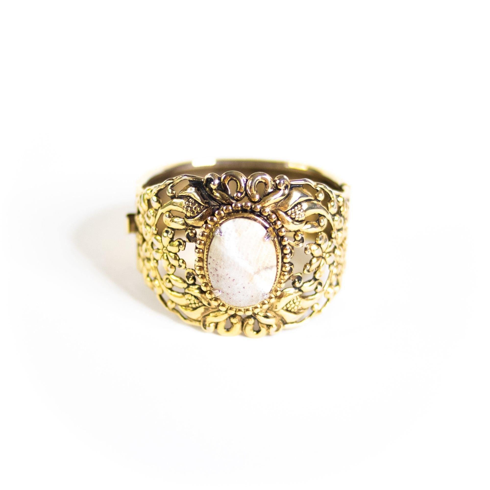 Vintage Renaissance Revival Cuff Bracelet with Agate Center Stone by Unsigned Beauty - Vintage Meet Modern Vintage Jewelry - Chicago, Illinois - #oldhollywoodglamour #vintagemeetmodern #designervintage #jewelrybox #antiquejewelry #vintagejewelry