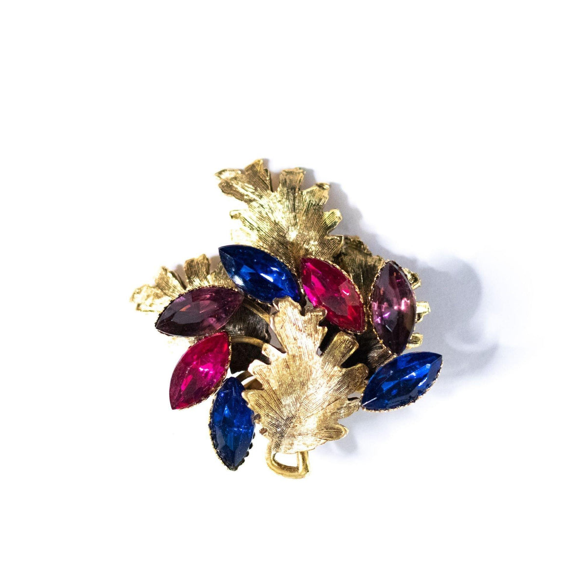 Vintage Mid Century Modern Brooch with Sapphire Blue, Amethyst, and Pink Rhinestones