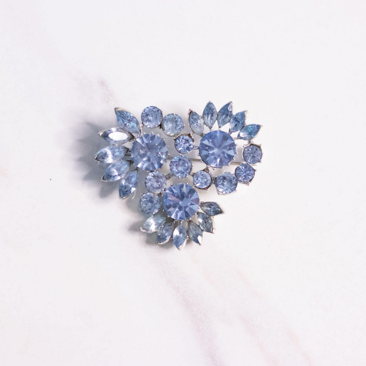 Vintage Blue Rhinestone Flower Brooch