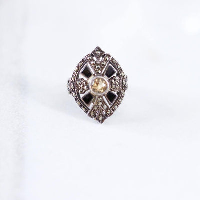 Vintage Victorian Revival Marcasite and Citrine Statement Ring by Unsigned Beauty - Vintage Meet Modern Vintage Jewelry - Chicago, Illinois - #oldhollywoodglamour #vintagemeetmodern #designervintage #jewelrybox #antiquejewelry #vintagejewelry