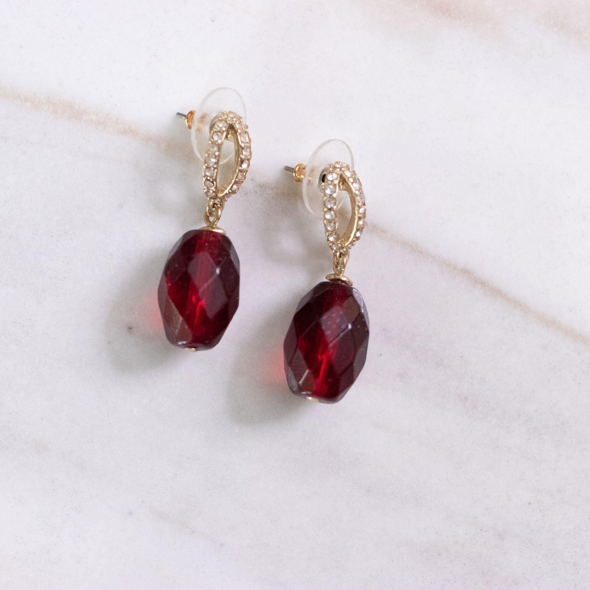 Vintage Faceted Cranberry Crystal and Rhinestone Dangling Earrings by Unsigned Beauty - Vintage Meet Modern Vintage Jewelry - Chicago, Illinois - #oldhollywoodglamour #vintagemeetmodern #designervintage #jewelrybox #antiquejewelry #vintagejewelry