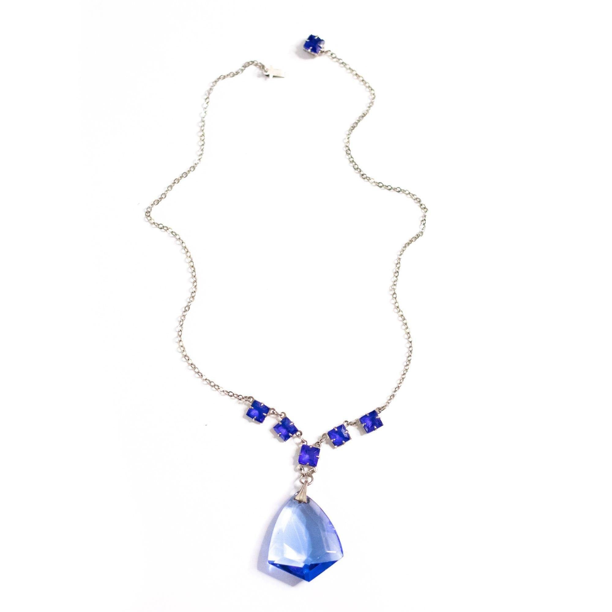 Vintage Art Deco Blue Crystal Lavalier Necklace by Art Deco Era - Vintage Meet Modern Vintage Jewelry - Chicago, Illinois - #oldhollywoodglamour #vintagemeetmodern #designervintage #jewelrybox #antiquejewelry #vintagejewelry
