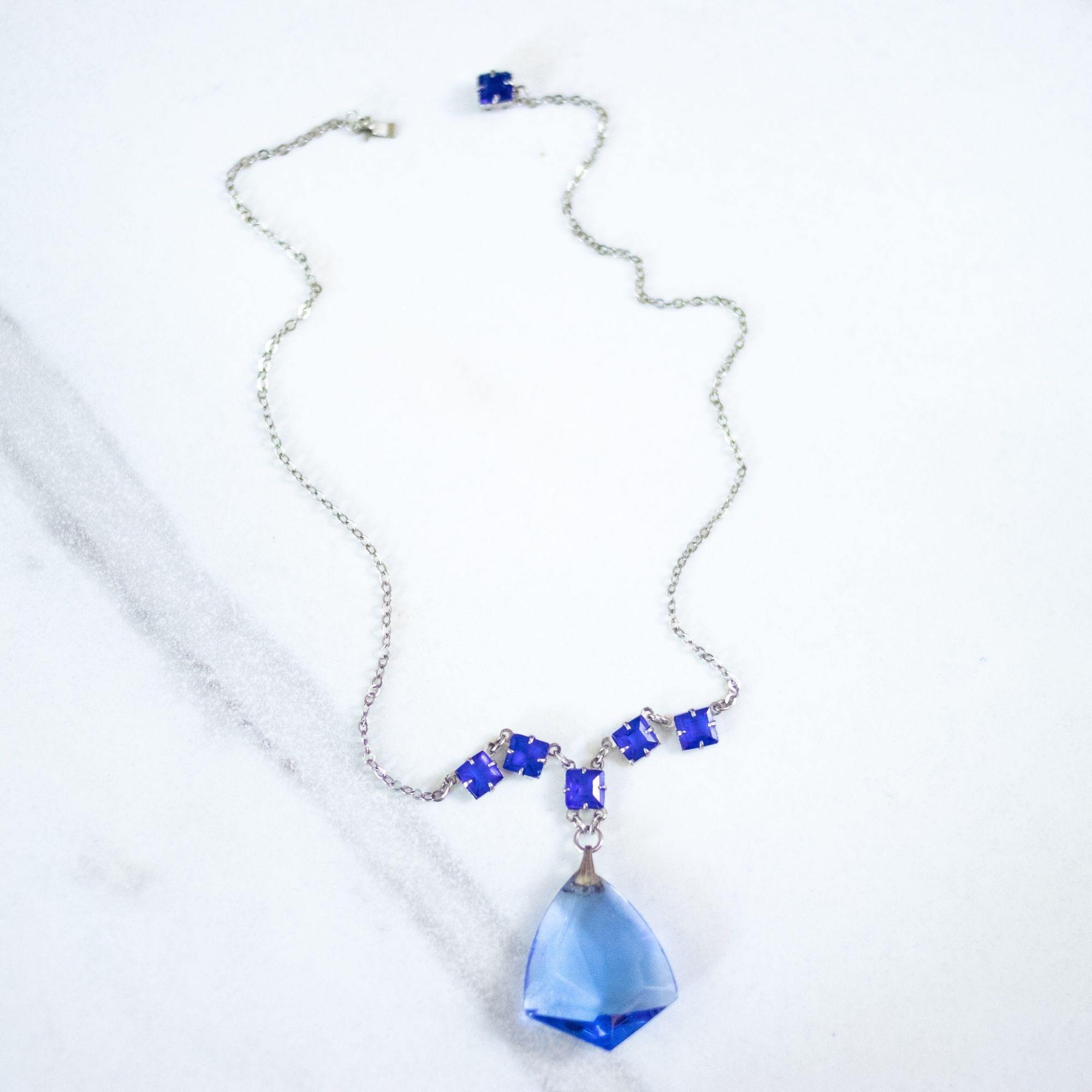 Vintage Art Deco Blue Crystal Lavalier Necklace by Art Deco Era - Vintage Meet Modern Vintage Jewelry - Chicago, Illinois - #oldhollywoodglamour #vintagemeetmodern #designervintage #jewelrybox #antiquejewelry #vintagejewelry