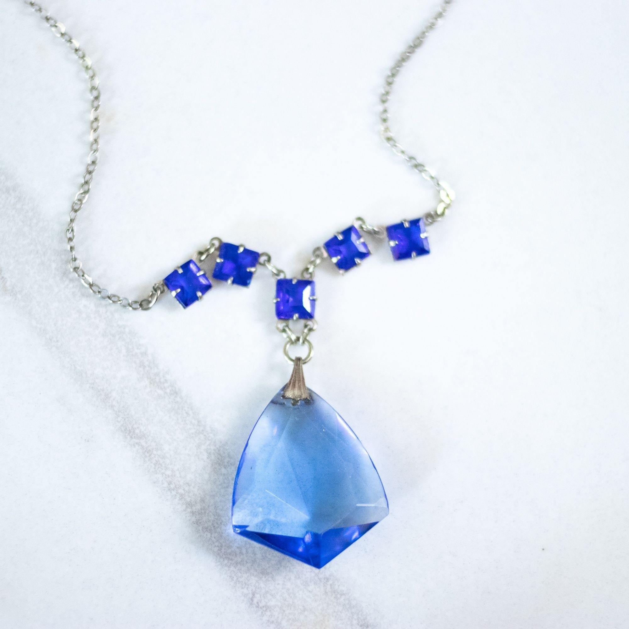 Vintage Art Deco Blue Crystal Lavalier Necklace by Art Deco Era - Vintage Meet Modern Vintage Jewelry - Chicago, Illinois - #oldhollywoodglamour #vintagemeetmodern #designervintage #jewelrybox #antiquejewelry #vintagejewelry