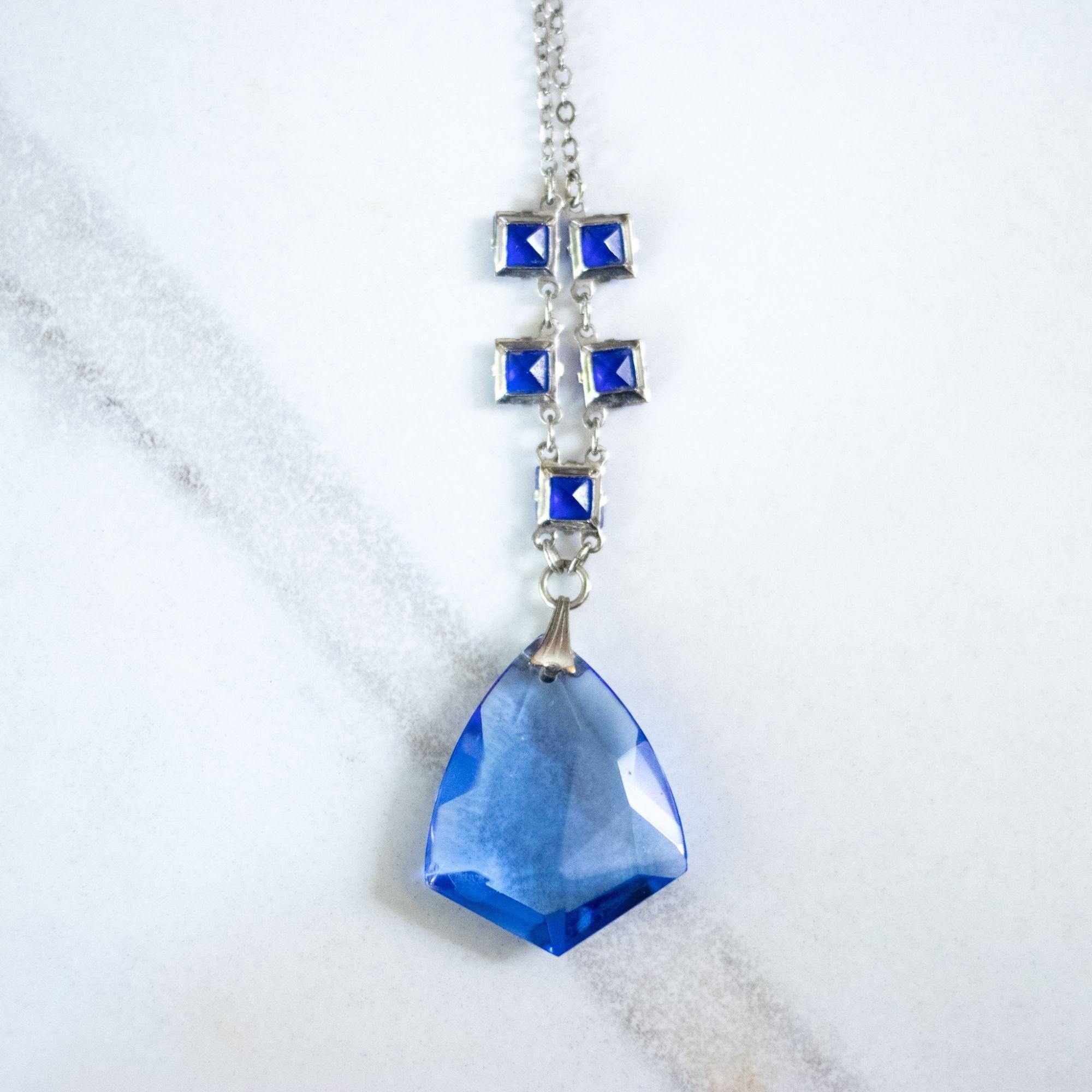 Vintage Art Deco Blue Crystal Lavalier Necklace by Art Deco Era - Vintage Meet Modern Vintage Jewelry - Chicago, Illinois - #oldhollywoodglamour #vintagemeetmodern #designervintage #jewelrybox #antiquejewelry #vintagejewelry