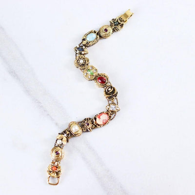 Vintage Victorian Revival Gold Slide Charm Bracelet with Cameos, Rhinestones, Faux Pearls Art Glass by Unsigned Beauty - Vintage Meet Modern Vintage Jewelry - Chicago, Illinois - #oldhollywoodglamour #vintagemeetmodern #designervintage #jewelrybox #antiquejewelry #vintagejewelry