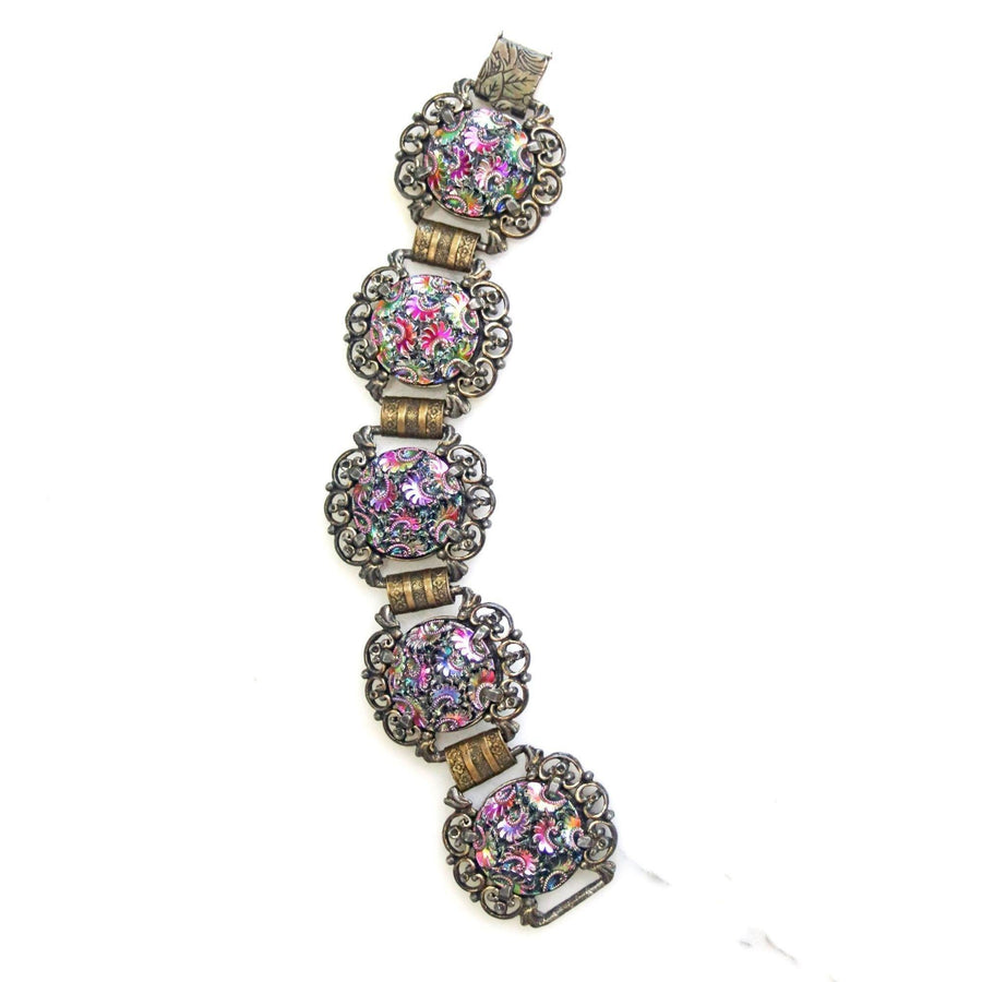 Vintage Judy Lee Iridescent Pressed Art Glass Gothic Revival Bracelet by Judy Lee - Vintage Meet Modern Vintage Jewelry - Chicago, Illinois - #oldhollywoodglamour #vintagemeetmodern #designervintage #jewelrybox #antiquejewelry #vintagejewelry