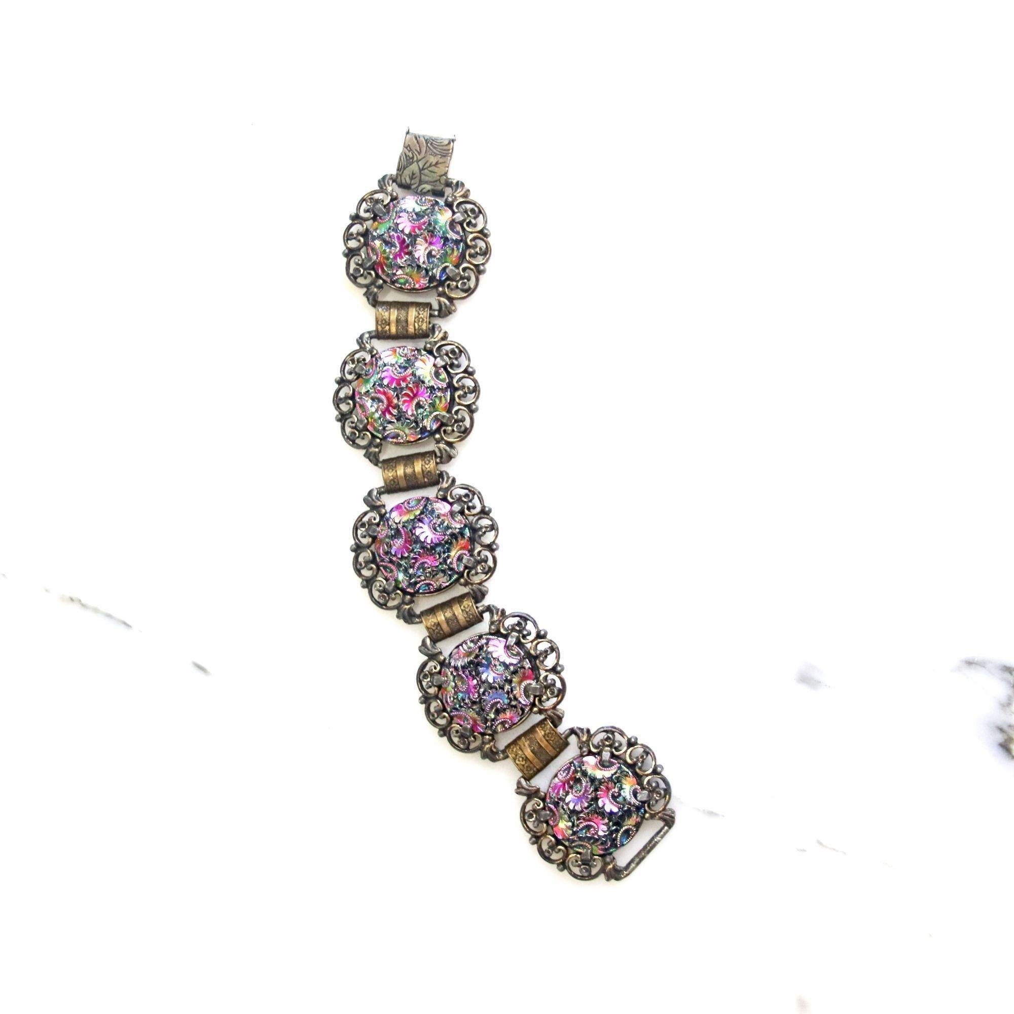 Vintage Judy Lee Iridescent Pressed Art Glass Gothic Revival Bracelet by Judy Lee - Vintage Meet Modern Vintage Jewelry - Chicago, Illinois - #oldhollywoodglamour #vintagemeetmodern #designervintage #jewelrybox #antiquejewelry #vintagejewelry