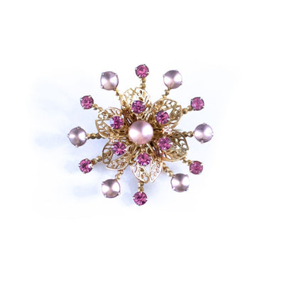 Vintage Pink Moonglow and Pink Rhinestones Pinwheel Brooch by Unsigned Beauty - Vintage Meet Modern Vintage Jewelry - Chicago, Illinois - #oldhollywoodglamour #vintagemeetmodern #designervintage #jewelrybox #antiquejewelry #vintagejewelry
