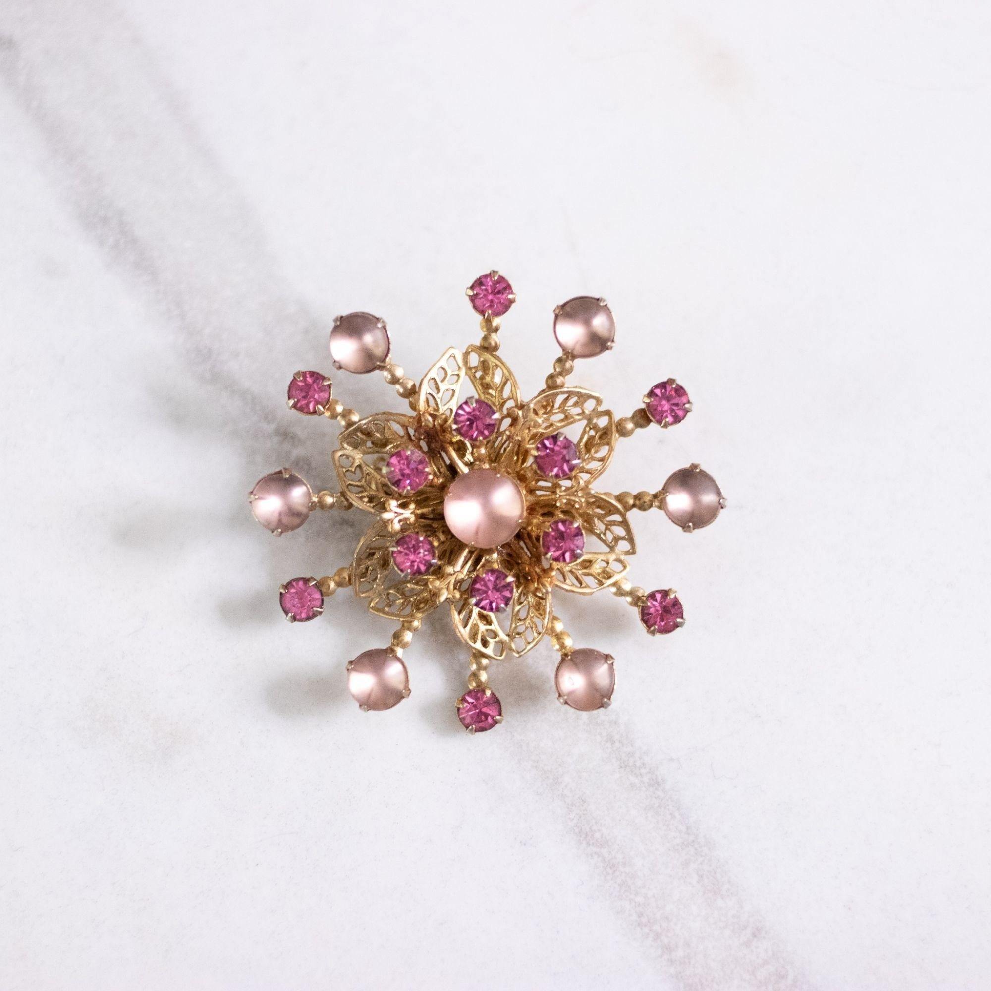 Vintage Pink Moonglow and Pink Rhinestones Pinwheel Brooch by Unsigned Beauty - Vintage Meet Modern Vintage Jewelry - Chicago, Illinois - #oldhollywoodglamour #vintagemeetmodern #designervintage #jewelrybox #antiquejewelry #vintagejewelry