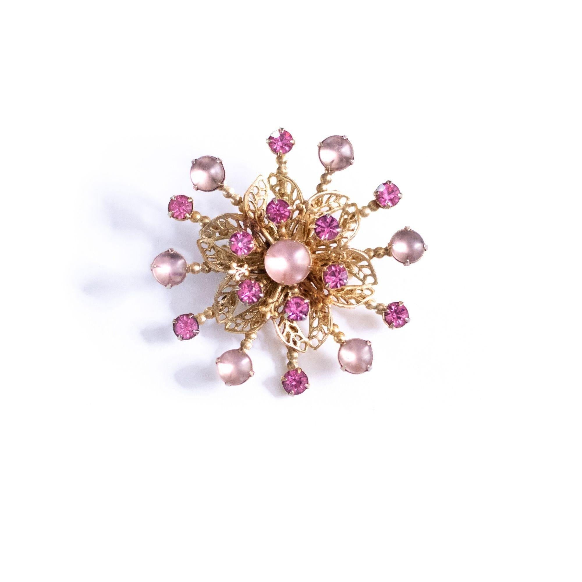 Vintage Pink Moonglow and Pink Rhinestones Pinwheel Brooch by Unsigned Beauty - Vintage Meet Modern Vintage Jewelry - Chicago, Illinois - #oldhollywoodglamour #vintagemeetmodern #designervintage #jewelrybox #antiquejewelry #vintagejewelry