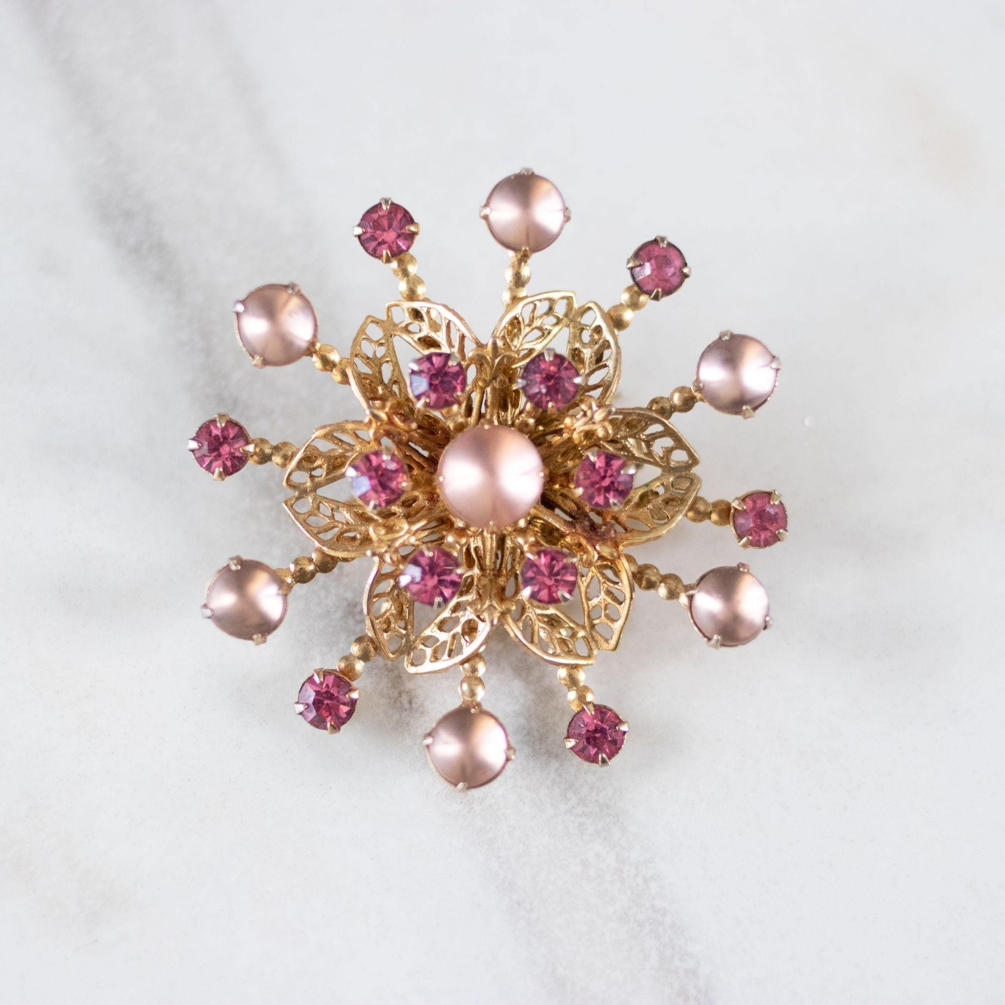Vintage Pink Moonglow and Pink Rhinestones Pinwheel Brooch by Unsigned Beauty - Vintage Meet Modern Vintage Jewelry - Chicago, Illinois - #oldhollywoodglamour #vintagemeetmodern #designervintage #jewelrybox #antiquejewelry #vintagejewelry