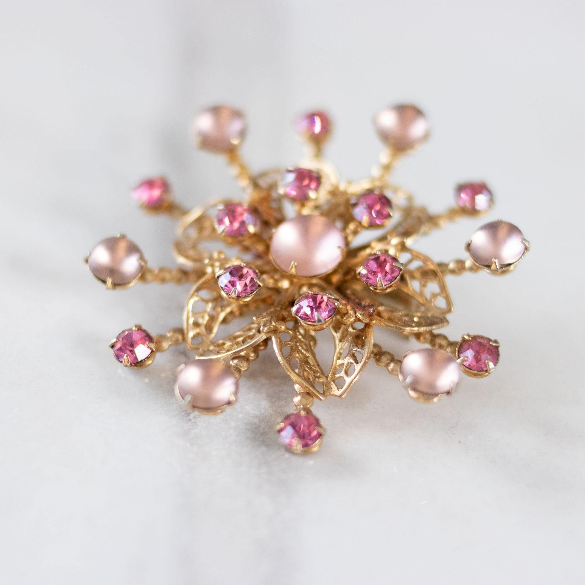 Vintage Pink Moonglow and Pink Rhinestones Pinwheel Brooch by Unsigned Beauty - Vintage Meet Modern Vintage Jewelry - Chicago, Illinois - #oldhollywoodglamour #vintagemeetmodern #designervintage #jewelrybox #antiquejewelry #vintagejewelry