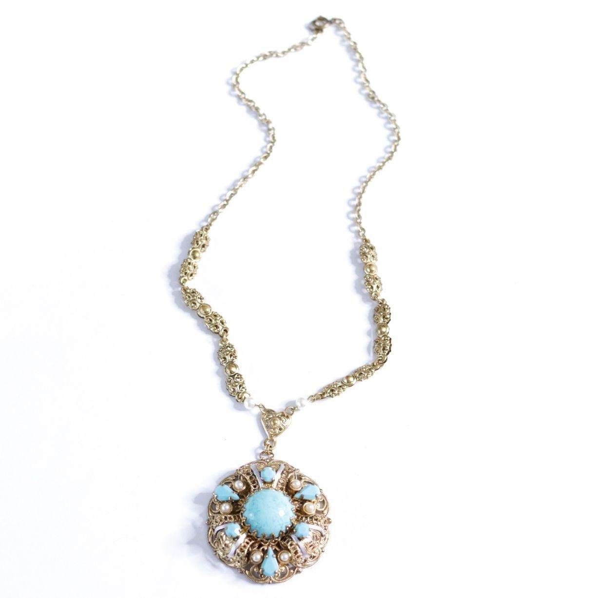 Vintage West Germany Turquoise Art Glass and Faux Pearl Pendant Necklace by West Germany - Vintage Meet Modern Vintage Jewelry - Chicago, Illinois - #oldhollywoodglamour #vintagemeetmodern #designervintage #jewelrybox #antiquejewelry #vintagejewelry