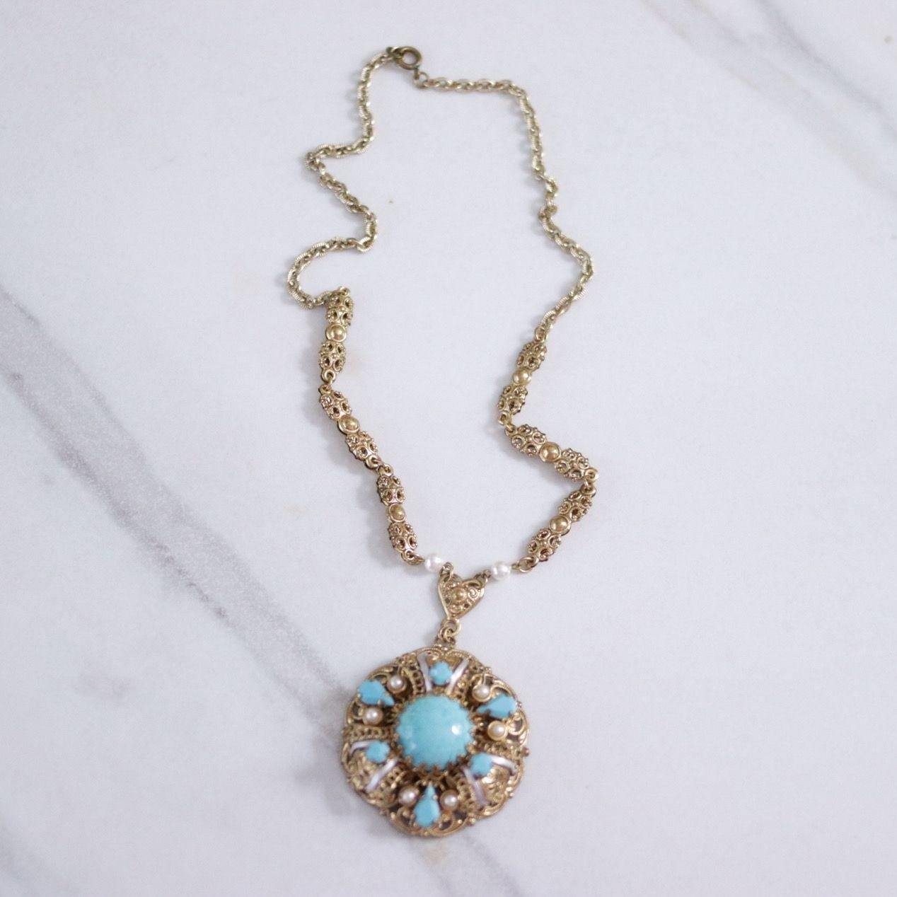 Vintage West Germany Turquoise Art Glass and Faux Pearl Pendant Necklace by West Germany - Vintage Meet Modern Vintage Jewelry - Chicago, Illinois - #oldhollywoodglamour #vintagemeetmodern #designervintage #jewelrybox #antiquejewelry #vintagejewelry