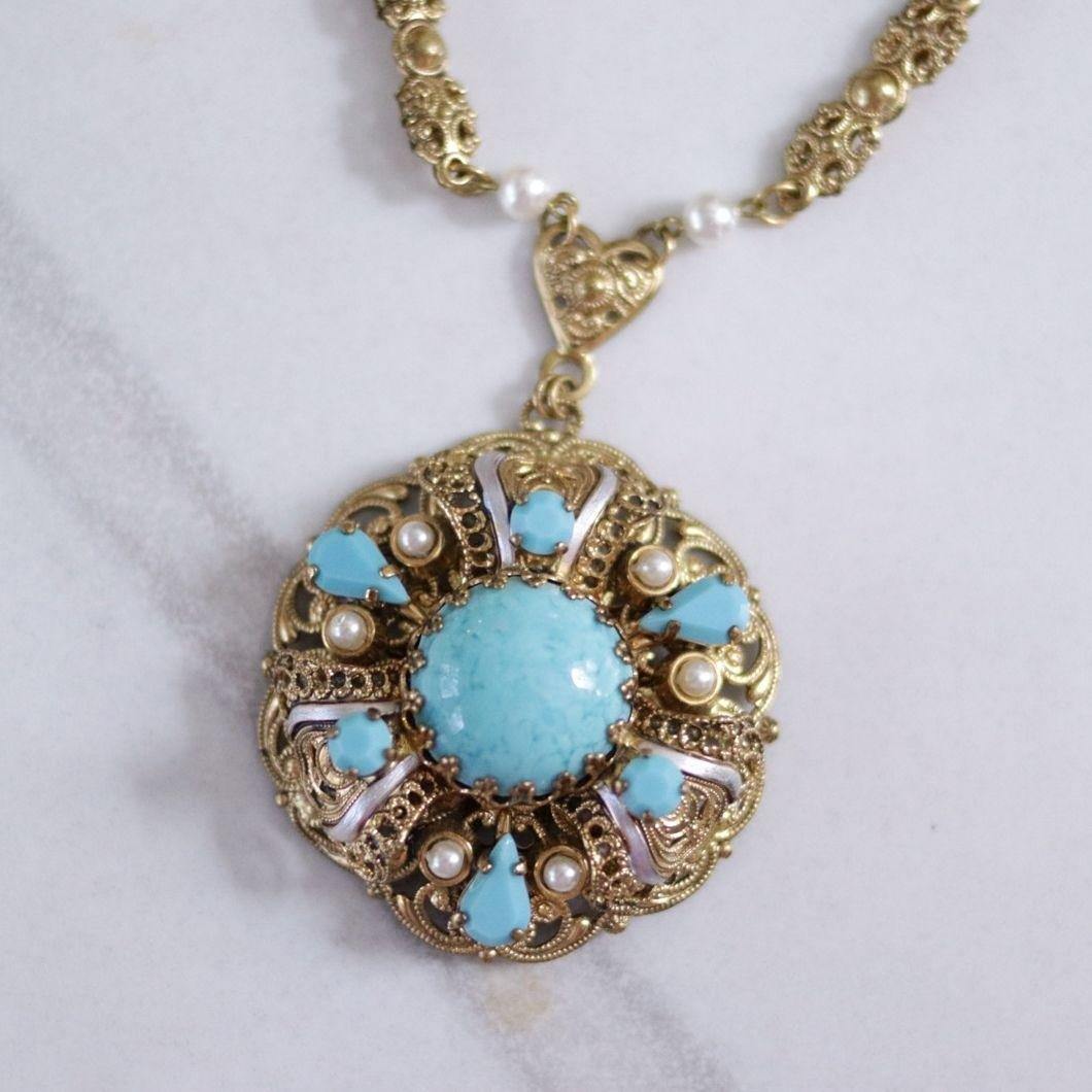 Vintage West Germany Turquoise Art Glass and Faux Pearl Pendant Necklace by West Germany - Vintage Meet Modern Vintage Jewelry - Chicago, Illinois - #oldhollywoodglamour #vintagemeetmodern #designervintage #jewelrybox #antiquejewelry #vintagejewelry