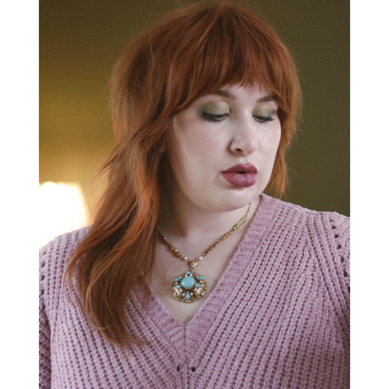 Vintage West Germany Turquoise Art Glass and Faux Pearl Pendant Necklace by West Germany - Vintage Meet Modern Vintage Jewelry - Chicago, Illinois - #oldhollywoodglamour #vintagemeetmodern #designervintage #jewelrybox #antiquejewelry #vintagejewelry