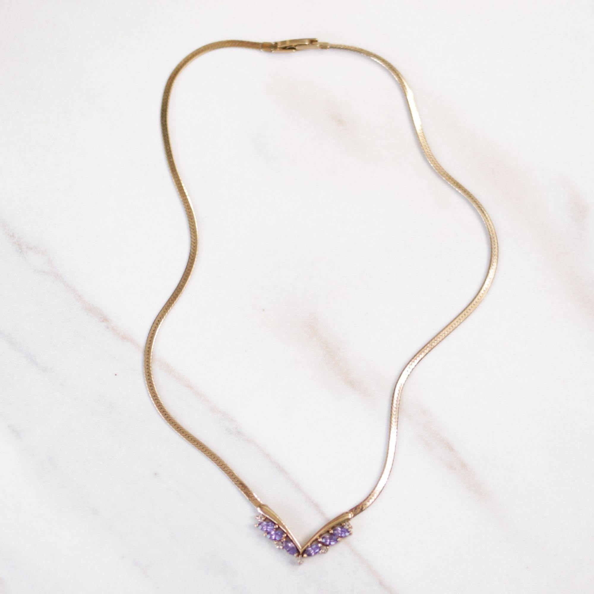 Vintage Avon Purple Crystal Dainty V Necklace by Avon - Vintage Meet Modern Vintage Jewelry - Chicago, Illinois - #oldhollywoodglamour #vintagemeetmodern #designervintage #jewelrybox #antiquejewelry #vintagejewelry